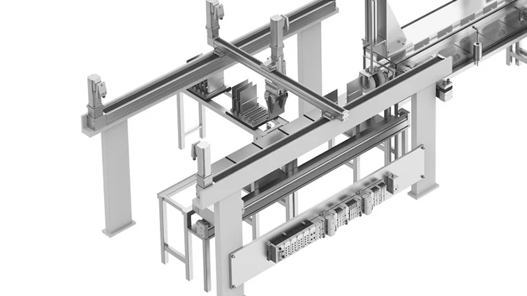 Hình 1. Hệ thống xử lý của Festo giúp tải và dỡ các tế bào pin lên giá đỡ phôi