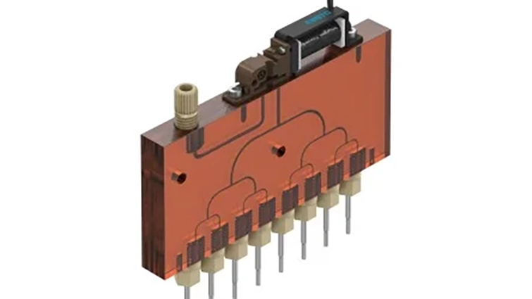 Hình 3. Nhờ cao độ 9 mm và một van cho 8 đầu ra, VTOI là đầu phân phối 8 kênh rất chính xác cho các tấm microtiter