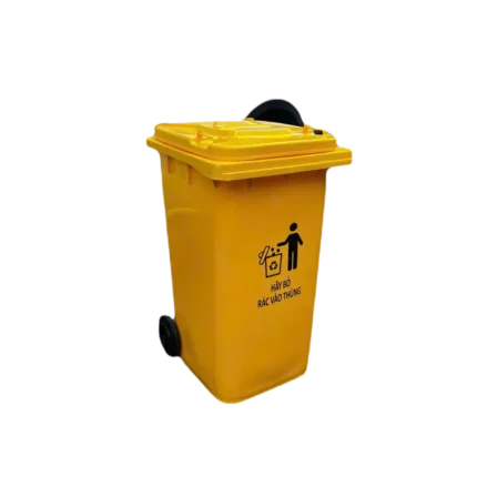 bl035589 thung rac nhua hdpe mau vang co nap day 2 banh xe cao su 120l