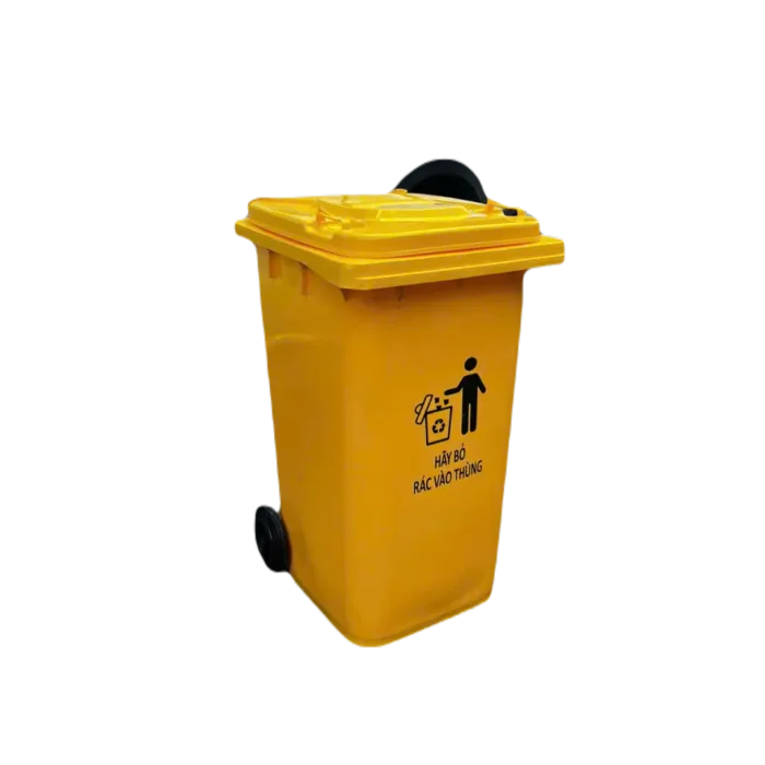 bl035589 thung rac nhua hdpe mau vang co nap day 2 banh xe cao su 120l